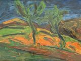 une peinture à l'huile représentant deux arbres sur une colline, avec un ciel bleu en arrière-plan