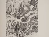a black and white drawing of a herd of cattle