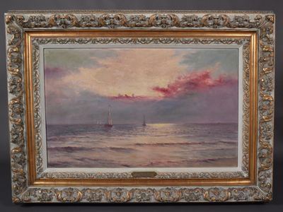 an oil painting of a sailboat in the ocean at sunset