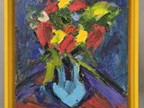 painting of red and yellow flowers in a blue vase on a table