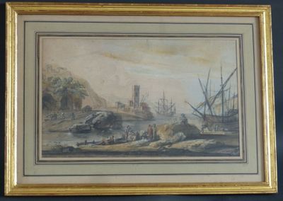 une image représentant un tableau montrant des bateaux dans un port, avec un château en arrière-plan