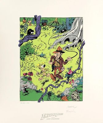 an illustration of a man in a hat and a dog in a garden
