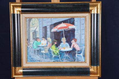 une peinture représentant un groupe de personnes assises à une table