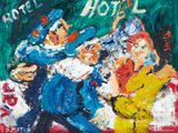 une peinture représentant un homme et une femme assis sur un canapé