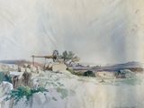 a watercolor painting of a windmill on a hill