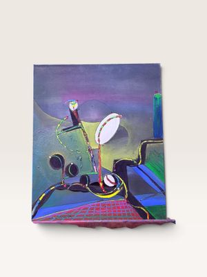 une peinture représentant une balle de baseball et une batte posées sur une table