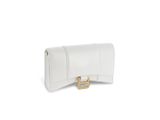 white leather wallet purse with gold hardware on the front