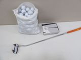 a bag of golf balls and a golf club on a table