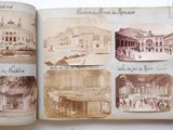 an open book with pictures of buildings and people in it