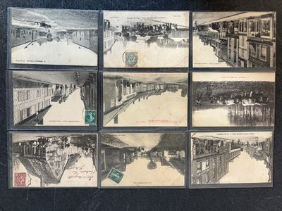 several black and white photographs of a train station with people on the tracks