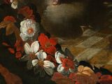 a painting of a man with a beard and flowers on a table