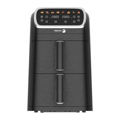 a black and silver air fryer on a white background