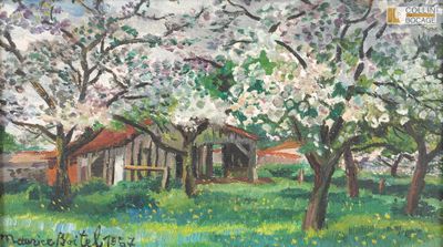 une peinture à l'huile représentant une maison au milieu d'un champ de fleurs