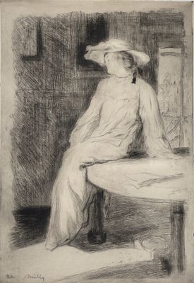 une image représentant le dessin d'une femme assise à une table