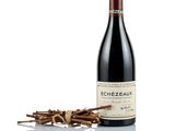 a bottle of red wine sitting next to a bunch of sticks