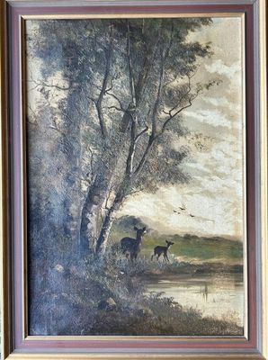 une peinture à l'huile représentant deux cerfs dans un champ, près d'un arbre
