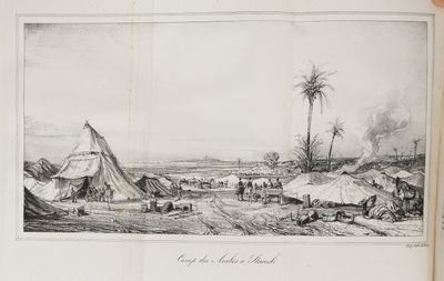 un vieux livre sur lequel figure le dessin d'un paysage désertique et d'un palmier