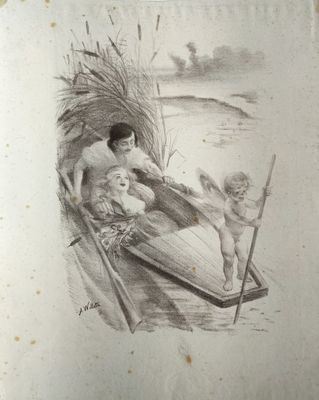 un dessin représentant un homme et un enfant dans un bateau