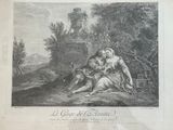 an old engraving of a man and a woman in a landscape