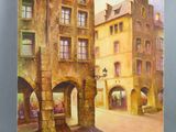 an oil painting of a street scene with old buildings and cobblestones