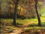 an oil painting of a path through a forest with trees