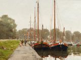 a painting of a group of sailboats docked at a dock