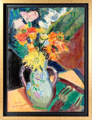 a painting of flowers in a vase on a table