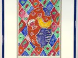 painting of a woman holding a fish in a blue frame
