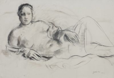 drawing of a woman laying on a bed with her head on a pillow