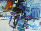 peinture abstraite représentant un paysage urbain dans des tons de bleu, de vert et de rouge