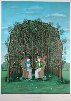 un tableau représentant deux personnes assises sur des chaises sous un arbre