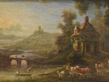 painting of a farm scene with cows grazing in a river