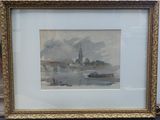 framed picture of a painting of a river scene with a church in the background