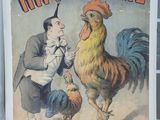une affiche représentant un coq et un homme tenant un poulet