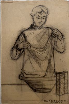 drawing of a man holding a bowl of food in front of his face