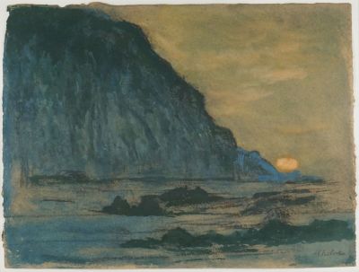 une image représentant une peinture d'une montagne avec un coucher de soleil en arrière-plan