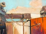 a painting of a man that is sitting on a bench