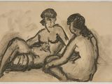 drawing of two women sitting on the ground, one of them is looking at the other