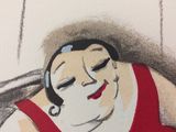 a drawing of a woman in a red dress laying on the floor