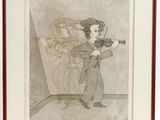 framed drawing of a woman playing a violin in a room