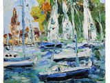 tableau représentant des voiliers dans un port, avec des palmiers en arrière-plan