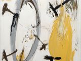 an abstract painting with yellow and black paint on a white background