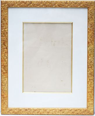 a gold and white picture frame on a white background