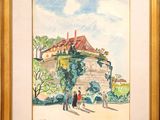 une image représentant une aquarelle montrant des personnes se promenant dans un parc