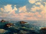 a painting of a sailboat on the water near the rocks
