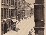 un dessin en noir et blanc représentant une rue de la ville