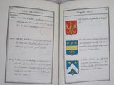 an open book with a picture of a coat of arms on it