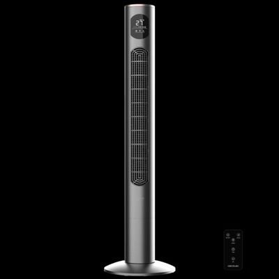 une image représentant un ventilateur sur pied noir et argenté sur fond noir