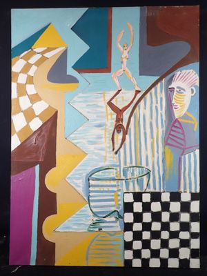 painting of a painting of a woman and a man on a checkered floor