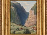 a painting of a mountain scene with a valley in the foreground